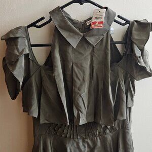 Rodarte Opening Ceremony L Olive Green Cold Shoulder Midi 100% Silk Dress